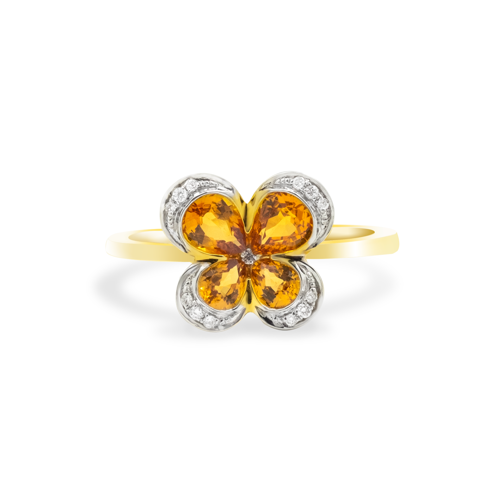 แหวนดอกไม้ทองคำประดับบุษราคัม (yellow sapphire) และเพชร